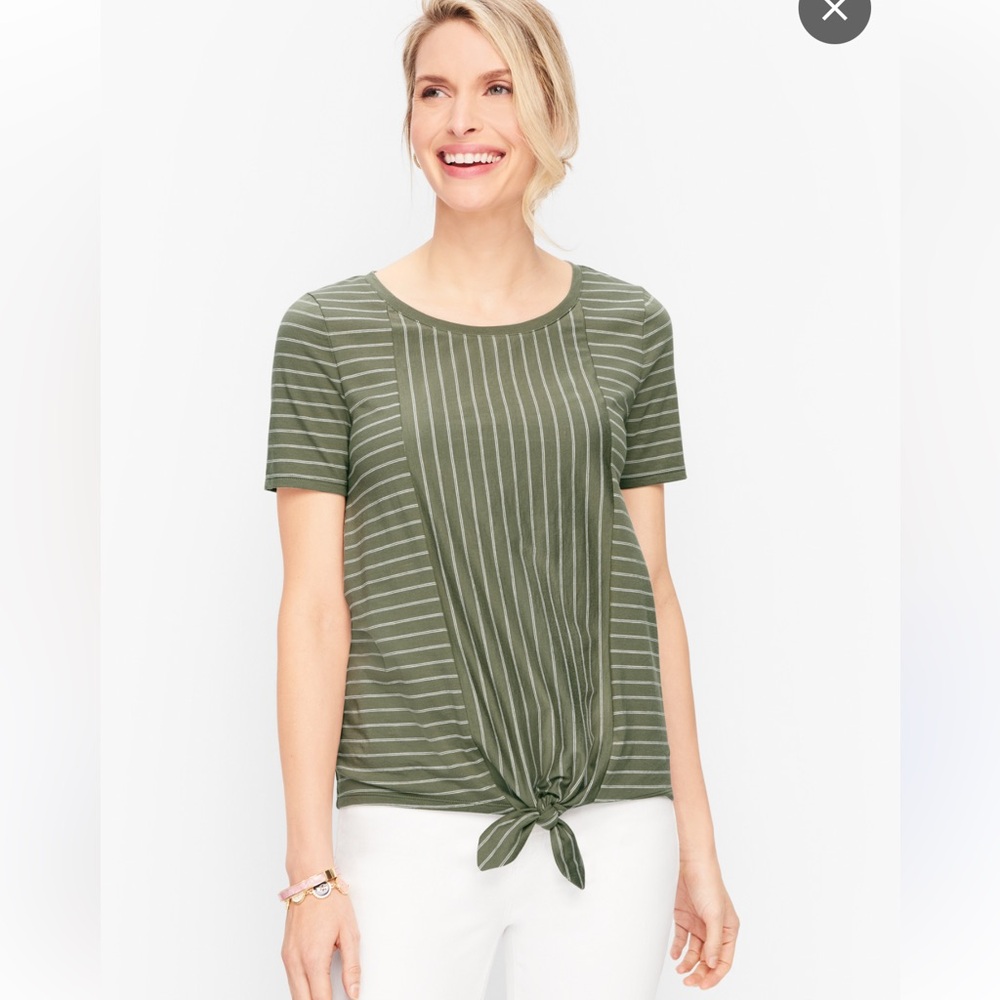 Talbots Pima Tie Front Olive Green Short Sleeve Top Size M